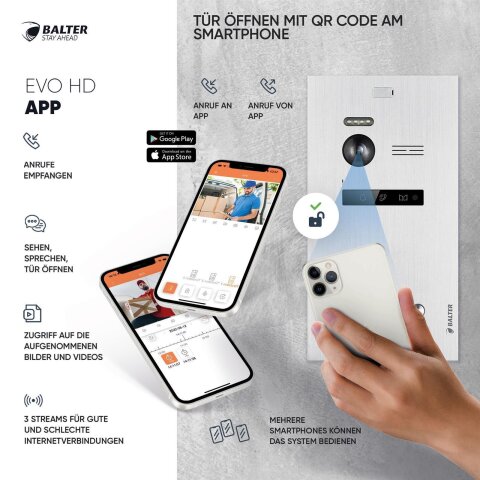 HD Video T&uuml;rsprechanlage mit Smartphone App f&uuml;r 1 Familienhaus, 1x Monitor, Balter EVO HD WLAN SIlber/Schwarz
