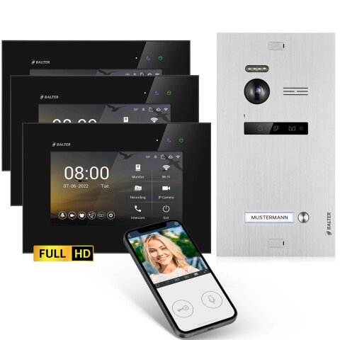 HD Video T&uuml;rsprechanlage mit Smartphone App f&uuml;r 1 Familienhaus, 3x Monitor, Balter EVO HD WLAN SIlber/Schwarz