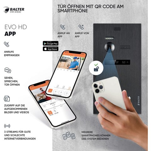 HD Video T&uuml;rsprechanlage mit Smartphone App f&uuml;r 3 Familienhaus, 3x Monitor, Balter EVO HD WLAN Schwarz