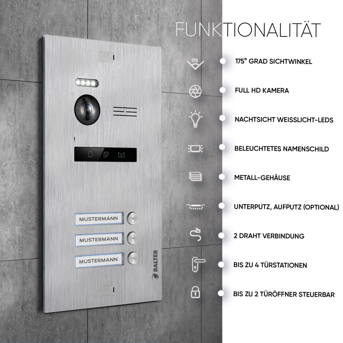 HD Video T&uuml;rsprechanlage mit Smartphone App f&uuml;r 3 Familienhaus, 3x Monitor, Balter EVO HD WLAN Silber/Schwarz