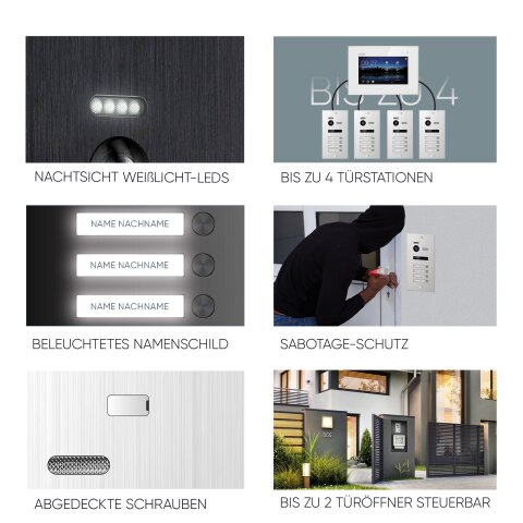 HD Video T&uuml;rsprechanlage mit Smartphone App f&uuml;r 4 Familienhaus, 4x Monitor, Balter EVO HD WLAN Silber/Schwarz