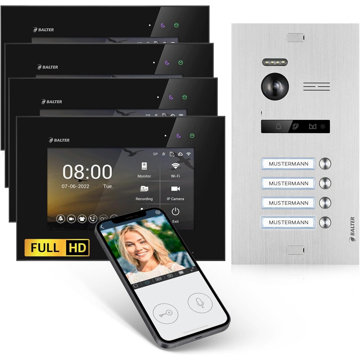 HD Video T&uuml;rsprechanlage mit Smartphone App f&uuml;r 4 Familienhaus, 4x Monitor, Balter EVO HD WLAN Silber/Schwarz