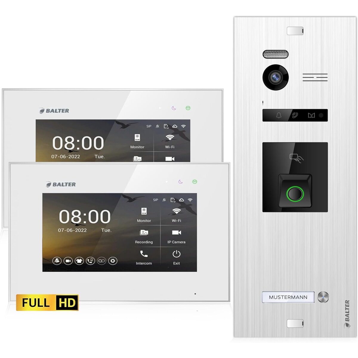 HD Video T&uuml;rsprechanlage mit Fingerprint und RFID f&uuml;r 1 Familienhaus, 2x Monitore, Balter EVO HD Fingerprint