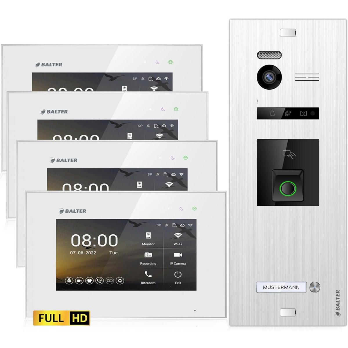 HD Video T&uuml;rsprechanlage mit Fingerprint und RFID f&uuml;r 1 Familienhaus, 4x Monitore, Balter EVO HD Fingerprint