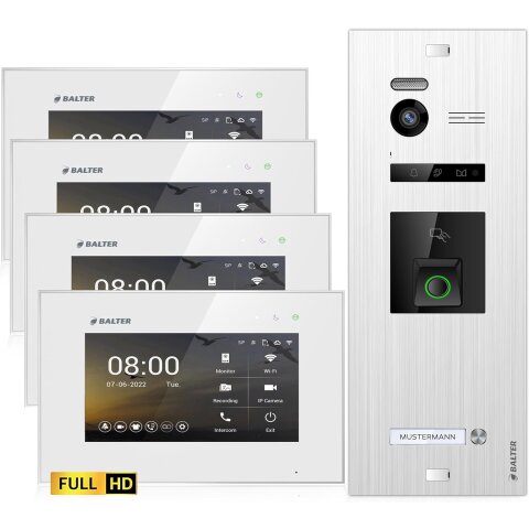 HD Video T&uuml;rsprechanlage mit Fingerprint und RFID f&uuml;r 1 Familienhaus, 4x Monitore, Balter EVO HD Fingerprint