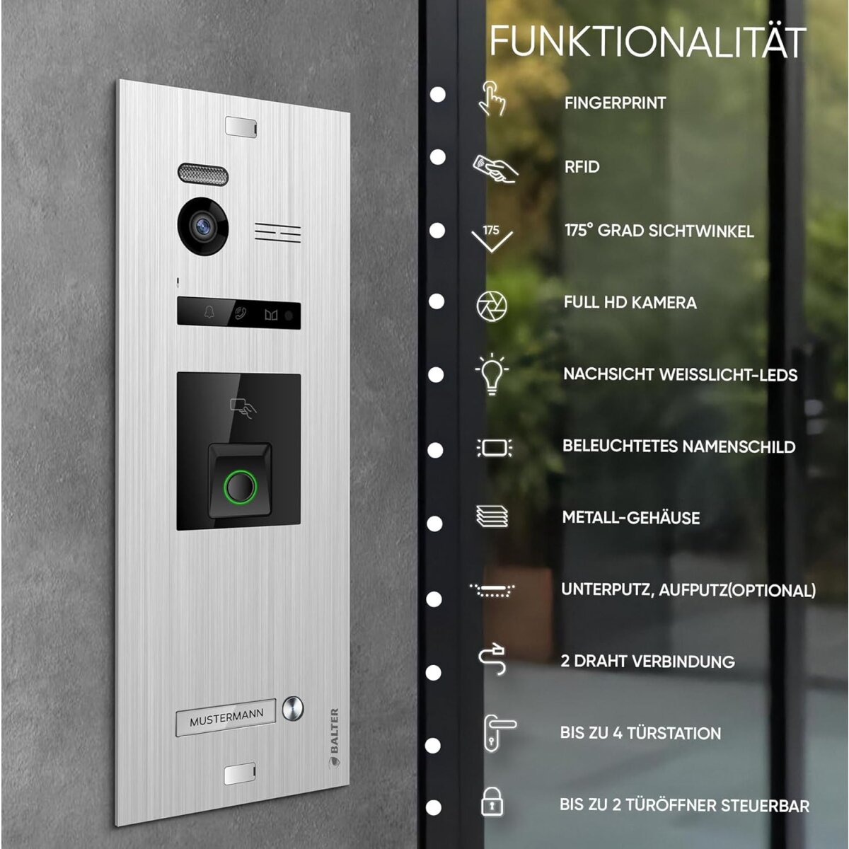 HD Video T&uuml;rsprechanlage mit Fingerprint RFID und Smartphone App f&uuml;r 1 Familienhaus, 2x Monitore, Balter EVO HD Fingerprint