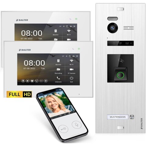 HD Video T&uuml;rsprechanlage mit Fingerprint RFID und Smartphone App f&uuml;r 1 Familienhaus, 2x Monitore, Balter EVO HD Fingerprint