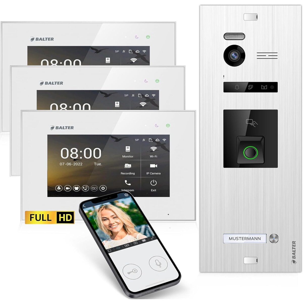 HD Video T&uuml;rsprechanlage mit Fingerprint RFID und Smartphone App f&uuml;r 1 Familienhaus, 3x Monitore, Balter EVO HD Fingerprint