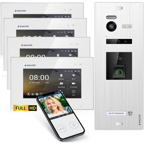 HD Video T&uuml;rsprechanlage mit Fingerprint RFID und Smartphone App f&uuml;r 1 Familienhaus, 4x Monitore, Balter EVO HD Fingerprint