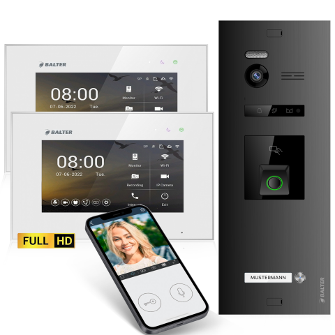 HD Video T&uuml;rsprechanlage mit Fingerprint RFID und Smartphone App f&uuml;r 1 Familienhaus, 2x Monitore, Balter EVO HD Fingerprint