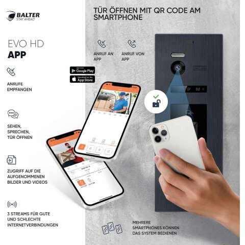 HD Video T&uuml;rsprechanlage mit Fingerprint RFID und Smartphone App f&uuml;r 1 Familienhaus, 2x Monitore, Balter EVO HD Fingerprint