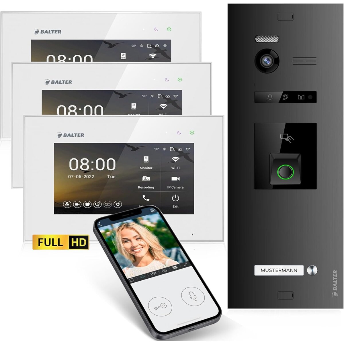 HD Video T&uuml;rsprechanlage mit Fingerprint RFID und Smartphone App f&uuml;r 1 Familienhaus, 3x Monitore, Balter EVO HD Fingerprint