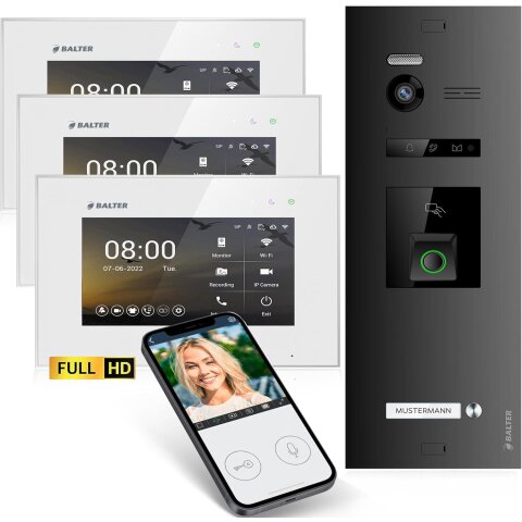 HD Video T&uuml;rsprechanlage mit Fingerprint RFID und Smartphone App f&uuml;r 1 Familienhaus, 3x Monitore, Balter EVO HD Fingerprint