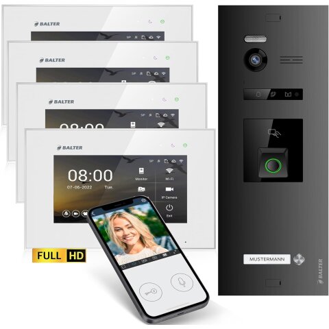 HD Video T&uuml;rsprechanlage mit Fingerprint RFID und Smartphone App f&uuml;r 1 Familienhaus, 4x Monitore, Balter EVO HD Fingerprint