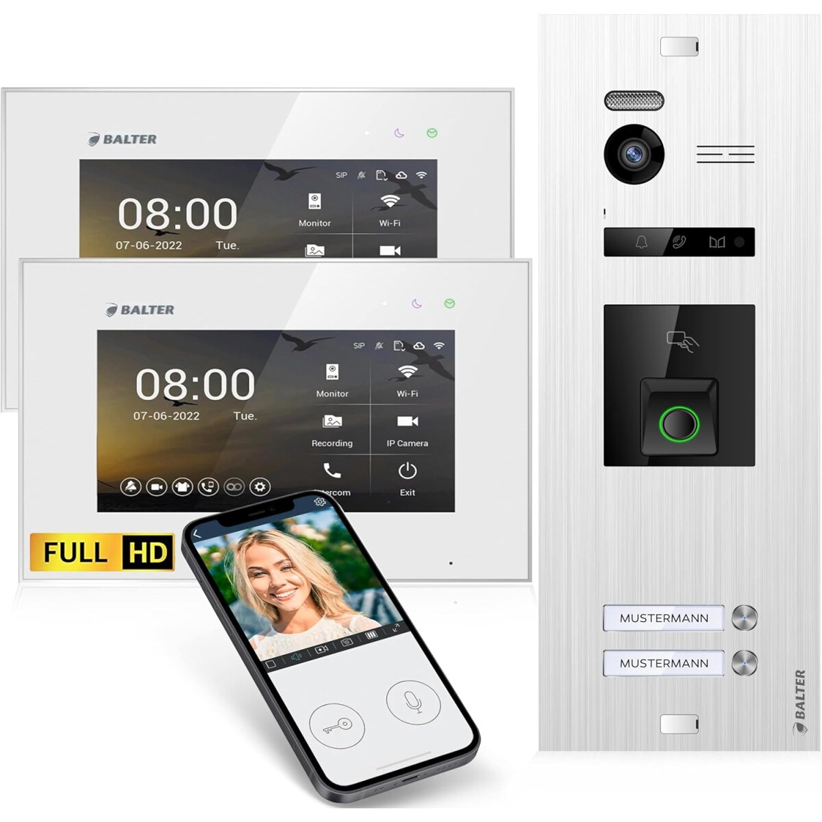 HD Video T&uuml;rsprechanlage mit Fingerprint RFID und Smartphone App f&uuml;r 2 Familienhaus, 2x Monitore, Balter EVO HD Fingerprint