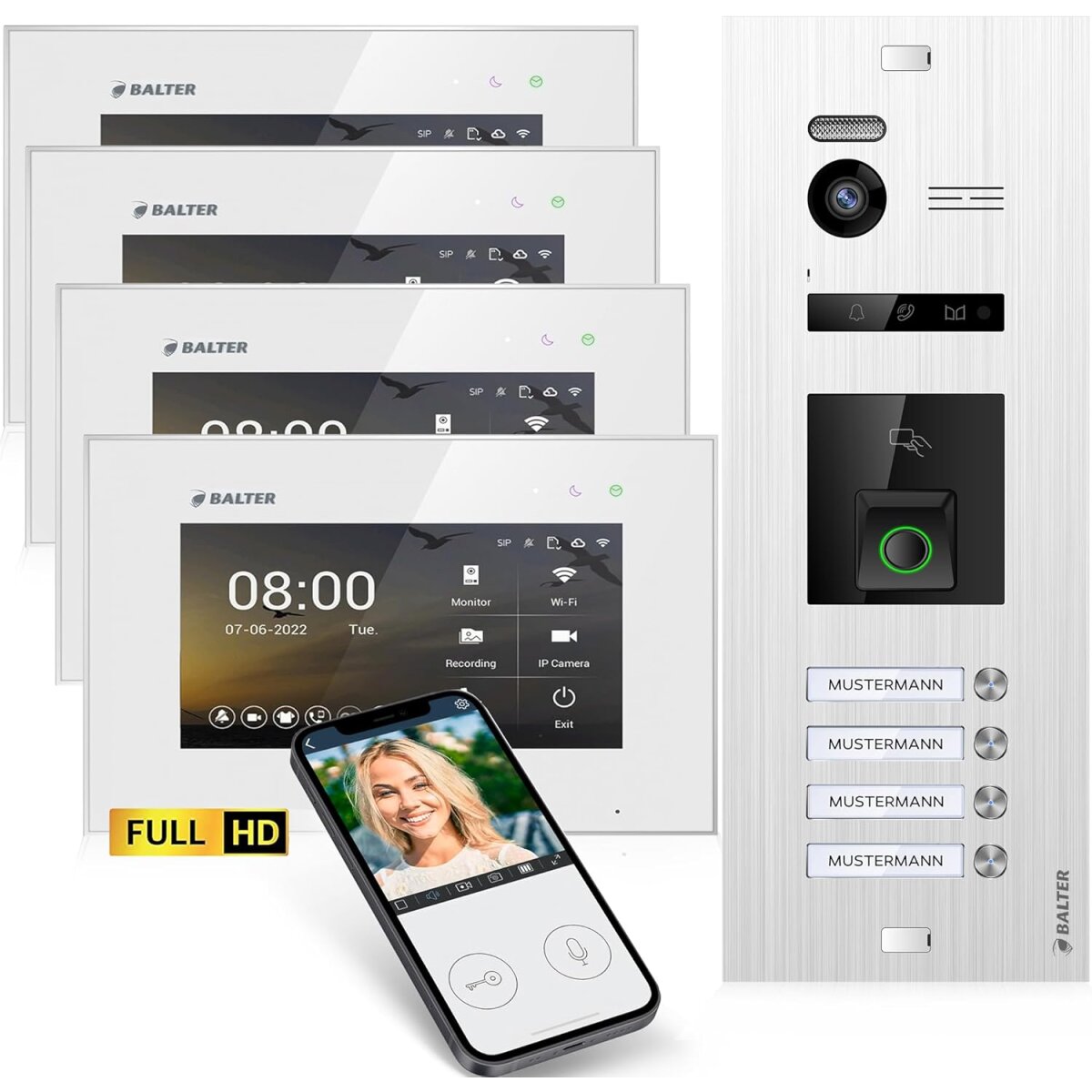 HD Video T&uuml;rsprechanlage mit Fingerprint RFID und Smartphone App f&uuml;r 4 Familienhaus, 4x Monitore, Balter EVO HD Fingerprint