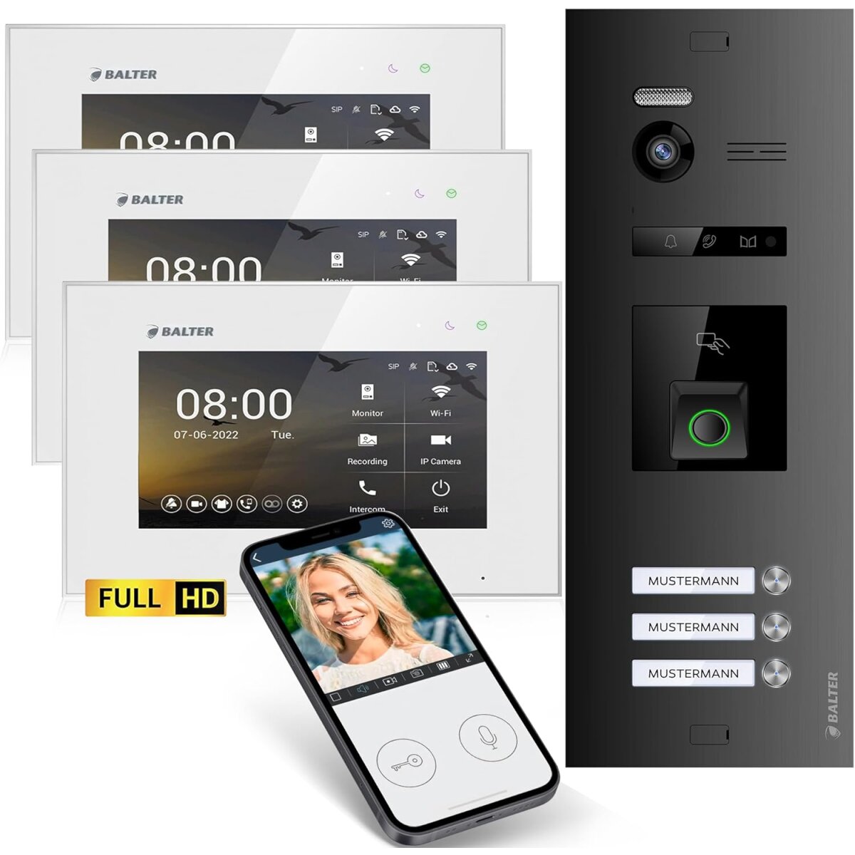 HD Video T&uuml;rsprechanlage mit Fingerprint RFID und Smartphone App f&uuml;r 3 Familienhaus, 3x Monitore, Balter EVO HD Fingerprint