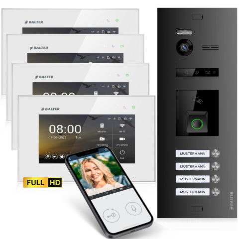 HD Video T&uuml;rsprechanlage mit Fingerprint RFID und Smartphone App f&uuml;r 4 Familienhaus, 4x Monitore, Balter EVO HD Fingerprint