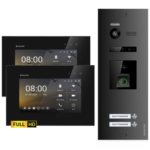 HD Video T&uuml;rsprechanlage mit Fingerprint und RFID f&uuml;r 2 Familienhaus, 2x Monitor, Balter EVO HD Fingerprint
