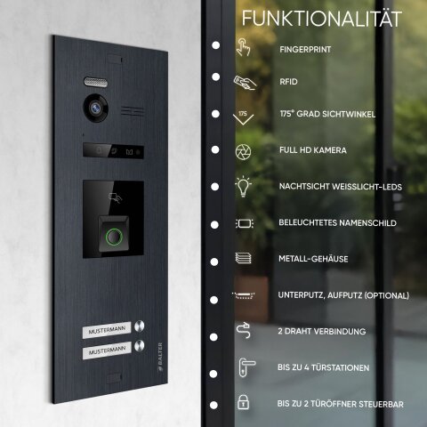 HD Video T&uuml;rsprechanlage mit Fingerprint und RFID f&uuml;r 2 Familienhaus, 2x Monitor, Balter EVO HD Fingerprint