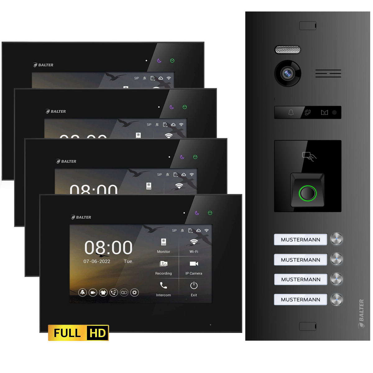 HD Video T&uuml;rsprechanlage mit Fingerprint und RFID f&uuml;r 4 Familienhaus, 4x Monitore, Balter EVO HD Fingerprint