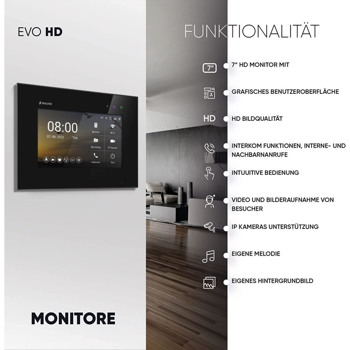 HD Video T&uuml;rsprechanlage mit Fingerprint und RFID f&uuml;r 4 Familienhaus, 4x Monitore, Balter EVO HD Fingerprint