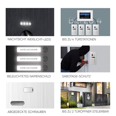 HD Video T&uuml;rsprechanlage mit Fingerprint und RFID f&uuml;r 4 Familienhaus, 4x Monitore, Balter EVO HD Fingerprint