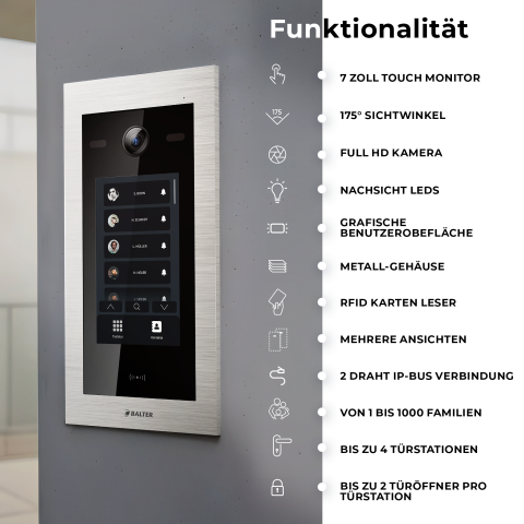 HD Video T&uuml;rsprechanlage mit Touchscreen und RFID f&uuml;r 1 Familienhaus, 2x Monitore, Balter EVO HD Touch