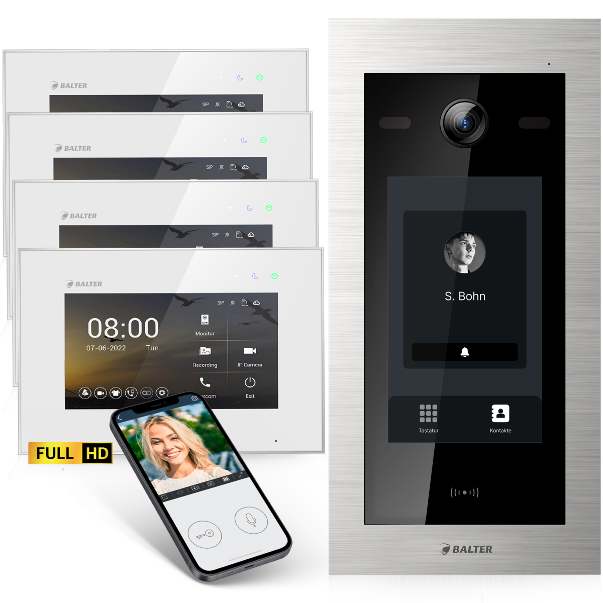 HD Video T&uuml;rsprechanlage mit Touchscreen und RFID f&uuml;r 1 Familienhaus, 4x Monitore, Balter EVO HD Touch