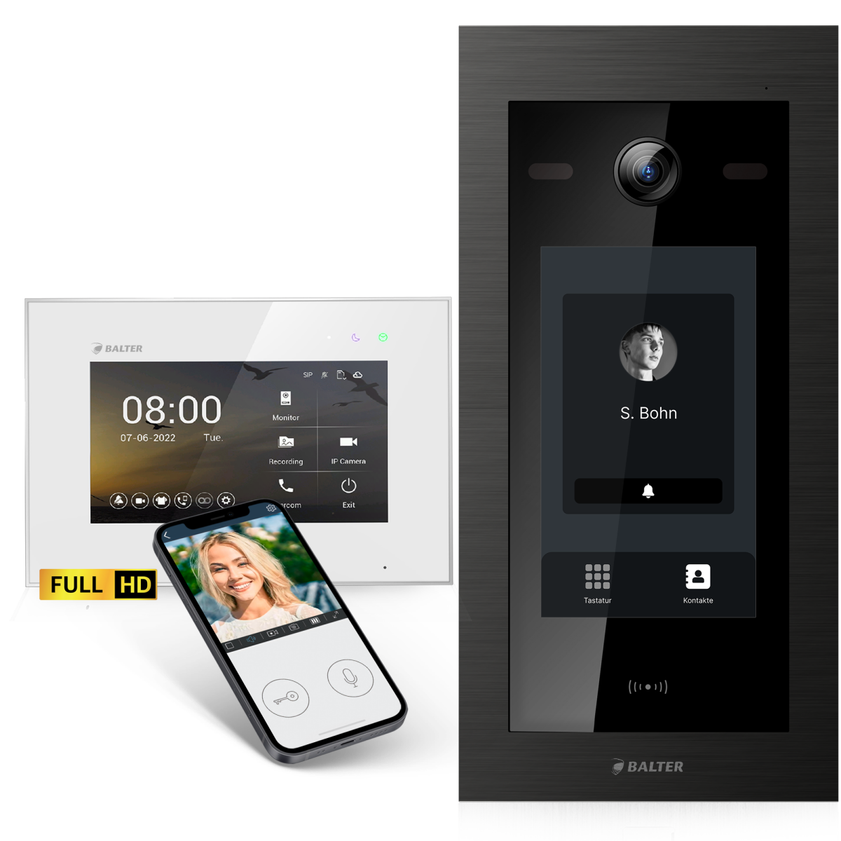 HD Video T&uuml;rsprechanlage mit Touchscreen und RFID f&uuml;r 1 Familienhaus, 1x Monitor, Balter EVO HD Touch Schwarz