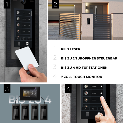HD Video T&uuml;rsprechanlage mit Touchscreen und RFID f&uuml;r 1 Familienhaus, 1x Monitor, Balter EVO HD Touch Schwarz
