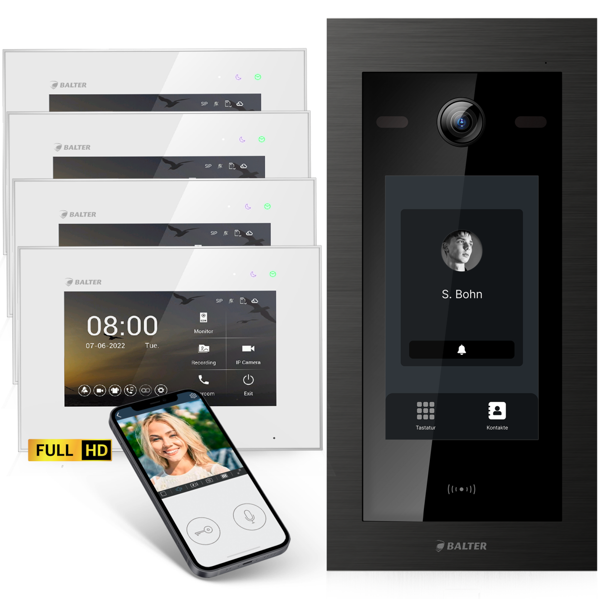 HD Video T&uuml;rsprechanlage mit Touchscreen und RFID f&uuml;r 1 Familienhaus, 4x Monitore, Balter EVO HD Touch Schwarz