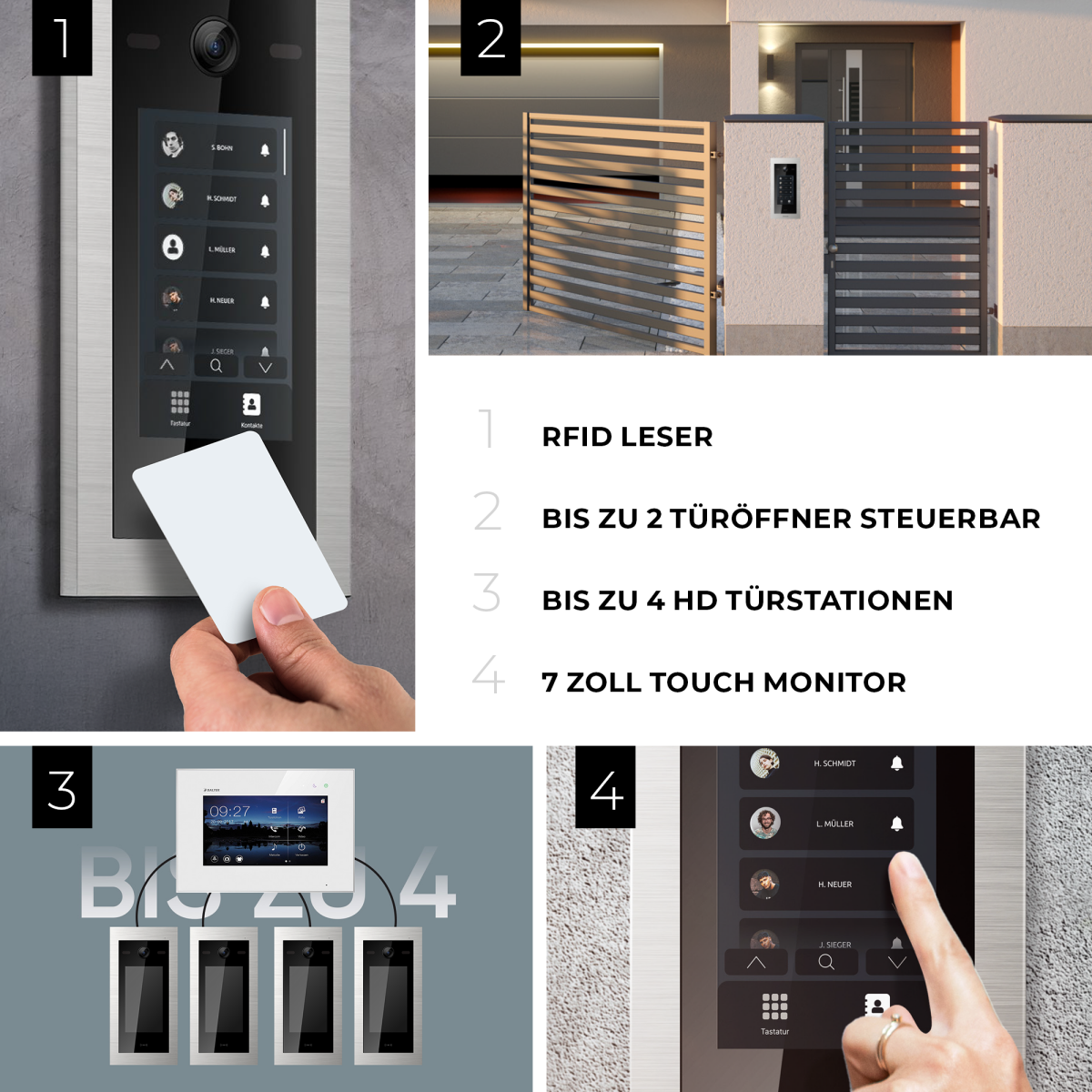 HD Video T&uuml;rsprechanlage mit Touchscreen und RFID f&uuml;r 1 Familienhaus, 4x Monitore, Balter EVO HD Touch