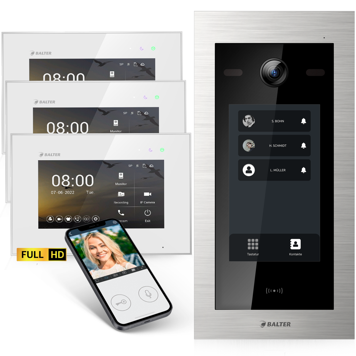HD Video T&uuml;rsprechanlage mit Touchscreen und RFID f&uuml;r 3 Familienhaus, 3x Monitore, Balter EVO HD Touch