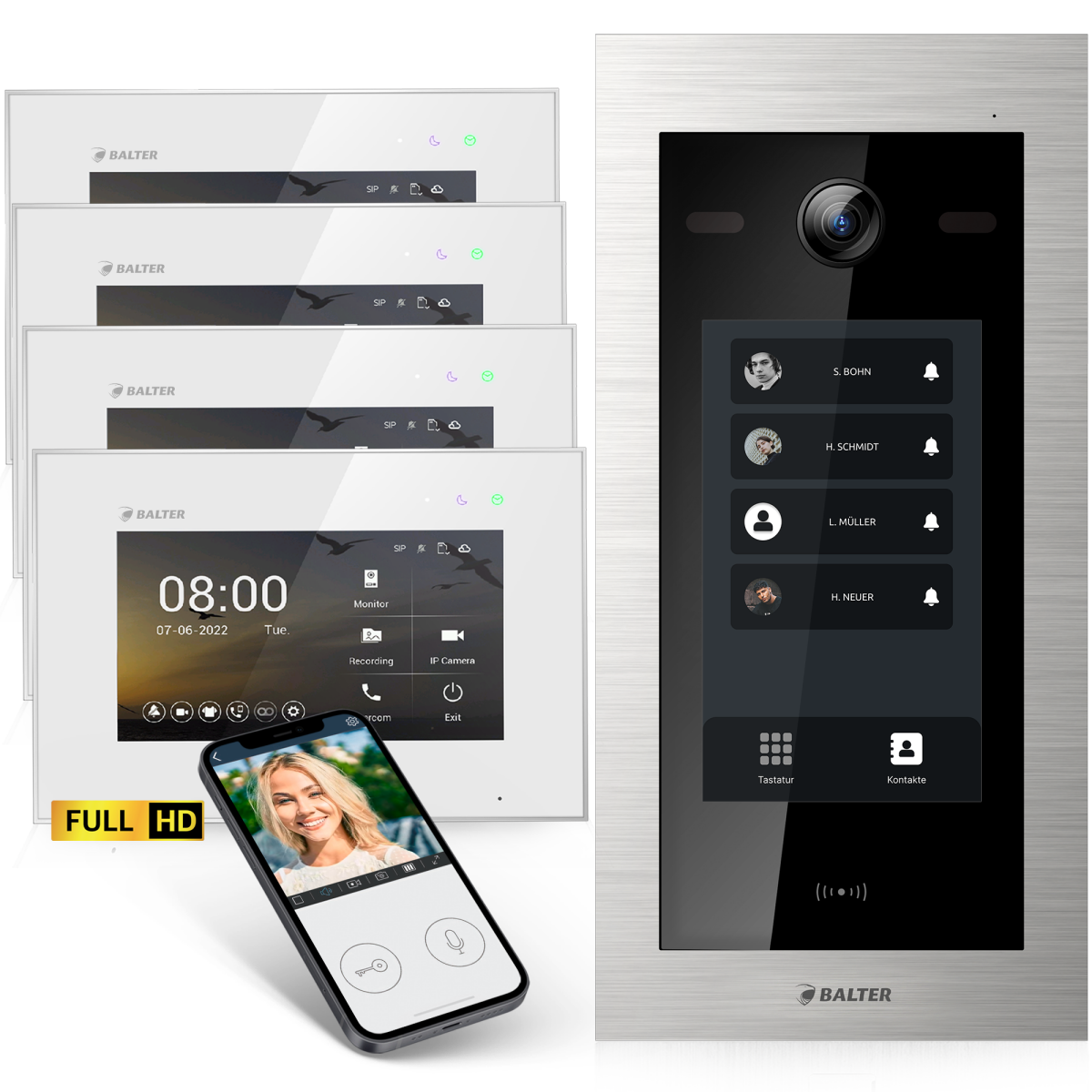 HD Video T&uuml;rsprechanlage mit Touchscreen und RFID f&uuml;r 4 Familienhaus, 4x Monitore, Balter EVO HD Touch