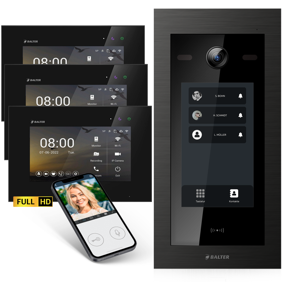 HD Video T&uuml;rsprechanlage mit Touchscreen und RFID f&uuml;r 3 Familienhaus, 3x Monitore, Balter EVO HD Touch Schwarz