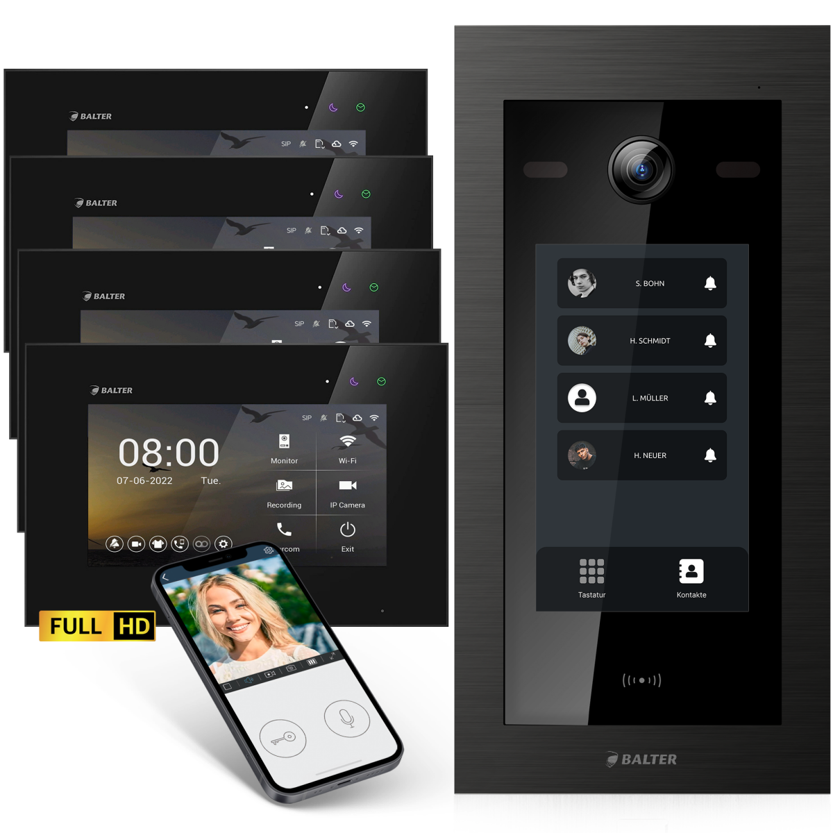 HD Video T&uuml;rsprechanlage mit Touchscreen und RFID f&uuml;r 4 Familienhaus, 4x Monitore, Balter EVO HD Touch Schwarz
